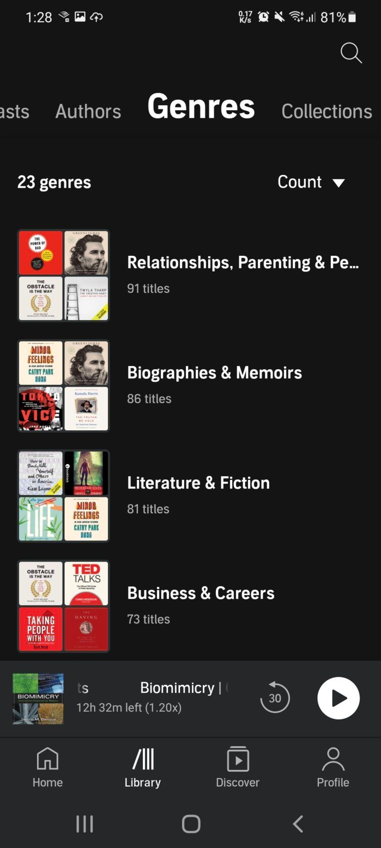 Audible library screen showing audiobook grid view