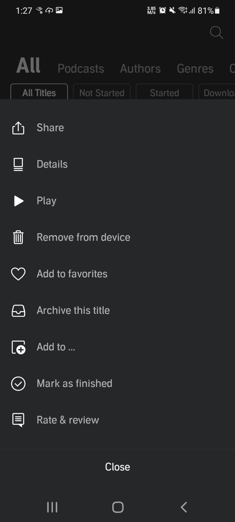 Audible library screen showing filter and organization controls