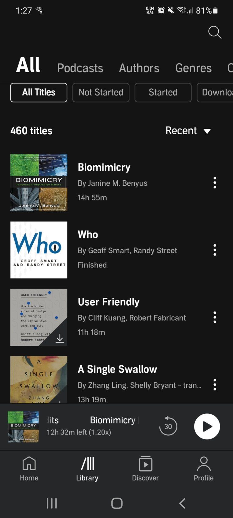 Audible library screen showing audiobook list view