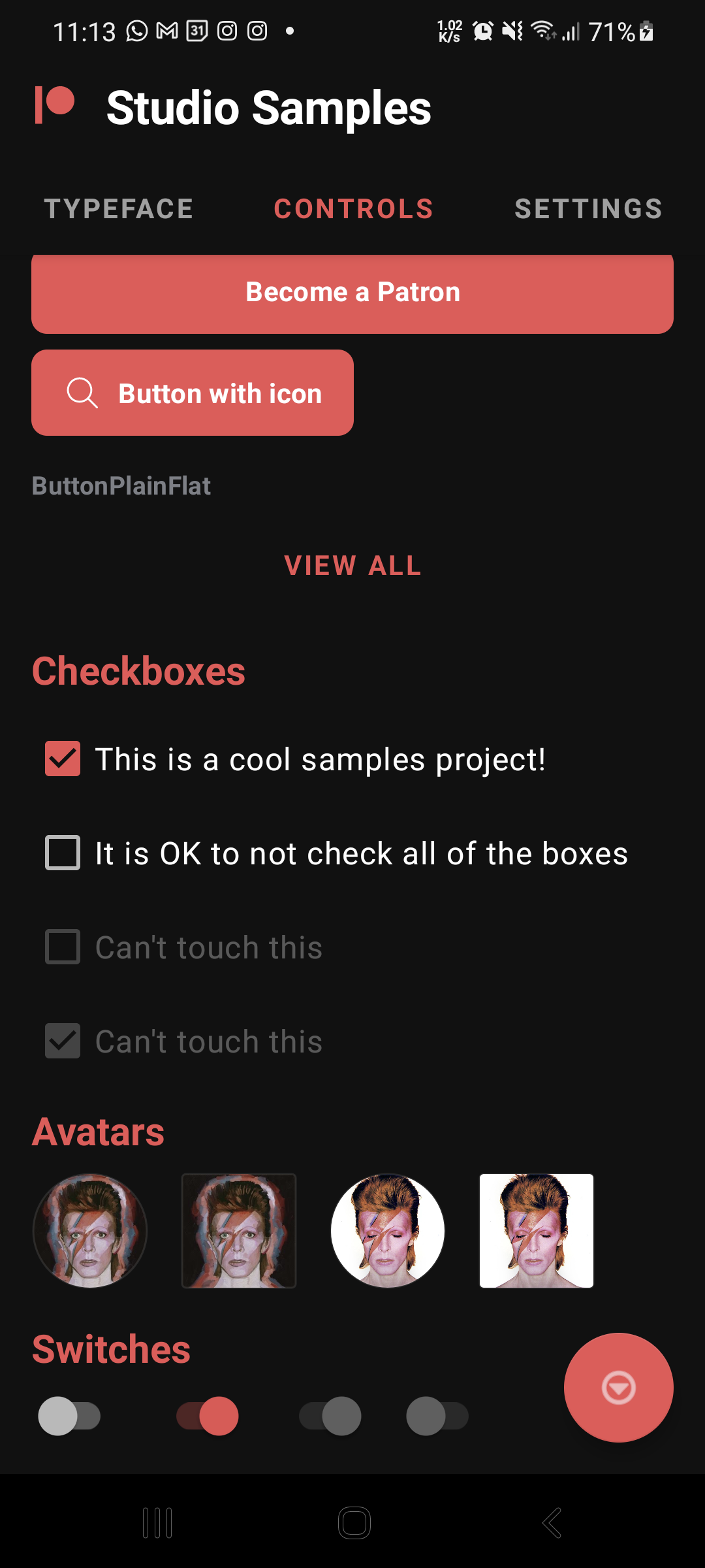 Studio Samples app showing reusable UI controls